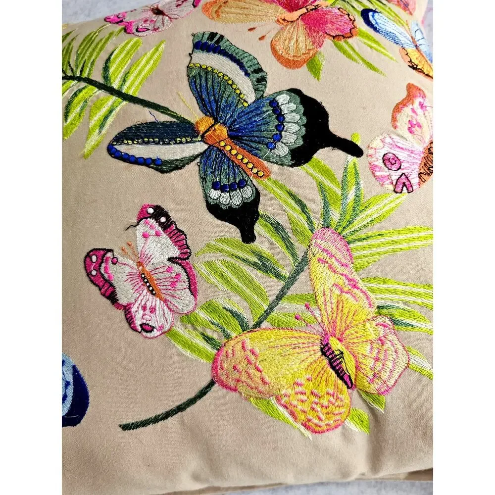 Magaschoni Home Embroidered Butterfly Throw Pillow, Pink Tassels, 18x18